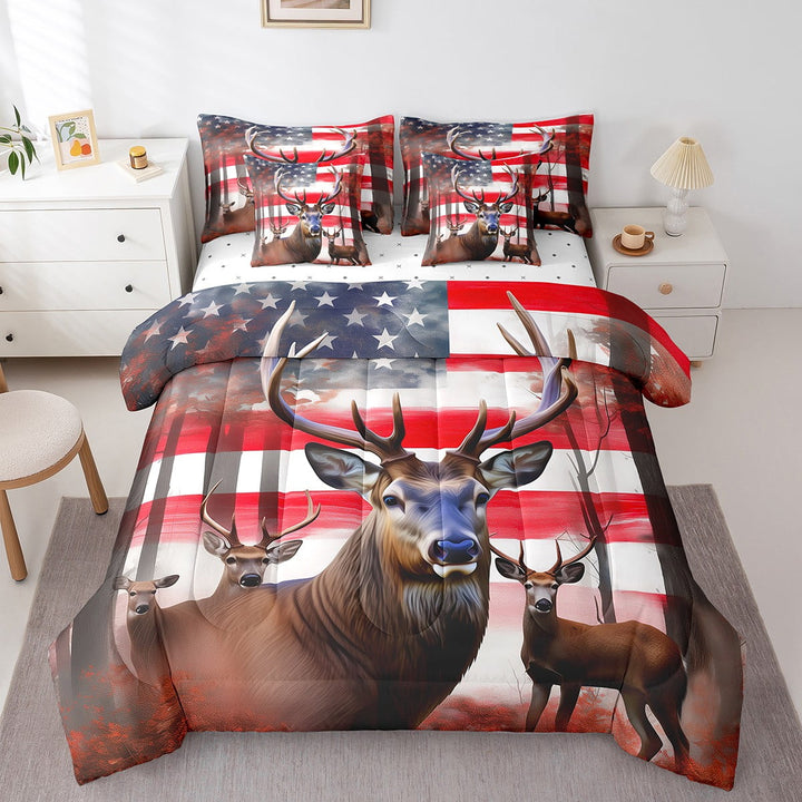 Deer 7 Piece Queen Bed Set - Includes Comforter &amp; Sheet Set American Flag Bedding - United States Geometric Stripes Bedding Comforter Sets Teen Woodland Animal Bedroom Decor