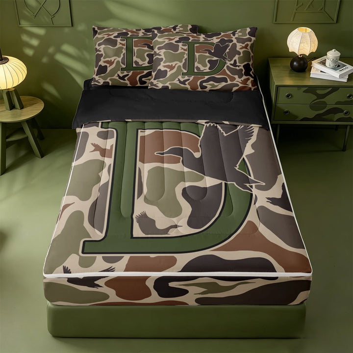 meiyoeat Duck Pattern Monogrammed D Zipper Twin Comforter Sets with Fitted Sheet and 2 Pillowcases For Boys,Camouflage Hunting Initial Print Zipper Bedding Set,Black Reversible,4-Piece