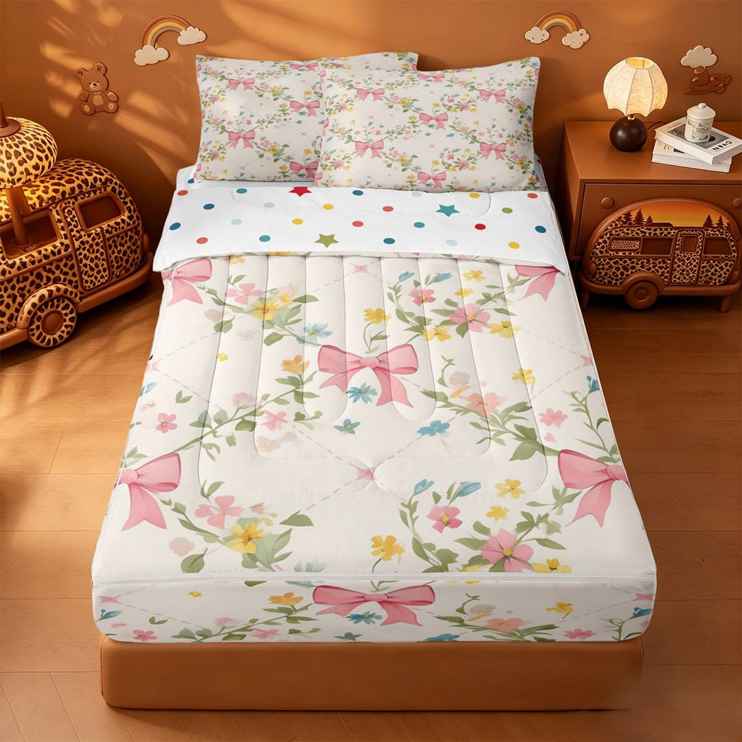 meiyoeat Colorful Cute Floral Zipper Twin Comforter Sets with Fitted Sheet and 2 Pillowcases For Girls,Pink Ribbon Bow Zipper Bedding Set For Kids,Polkadot Reversible,4-Piece