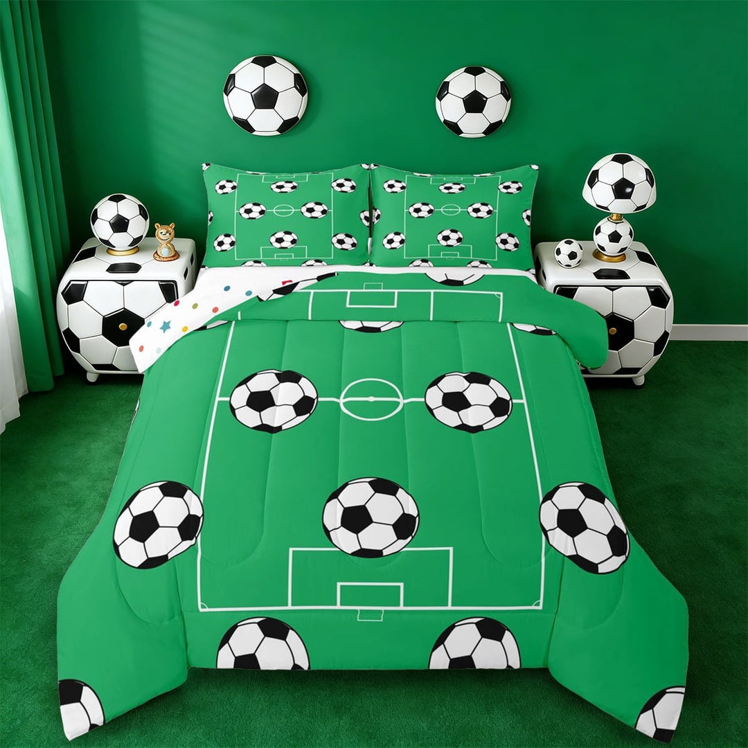Erosebridal Green Soccer Court Full Size Comforter Sets,Football Sport Games Bedding Sets,Reversible 3pcs