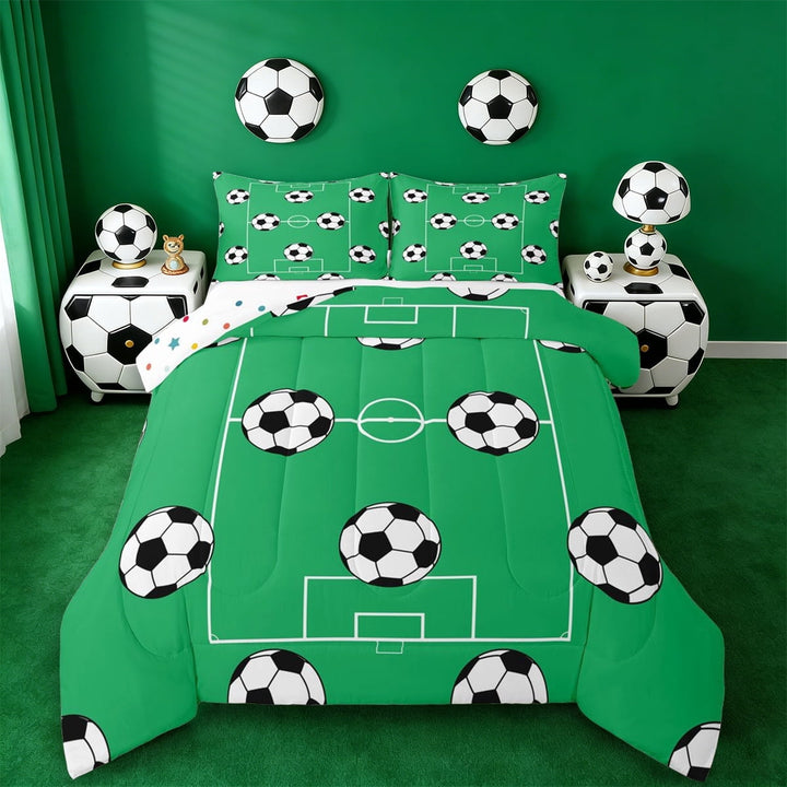 Erosebridal Green Soccer Court Full Size Comforter Sets,Football Sport Games Bedding Sets,Reversible 3pcs