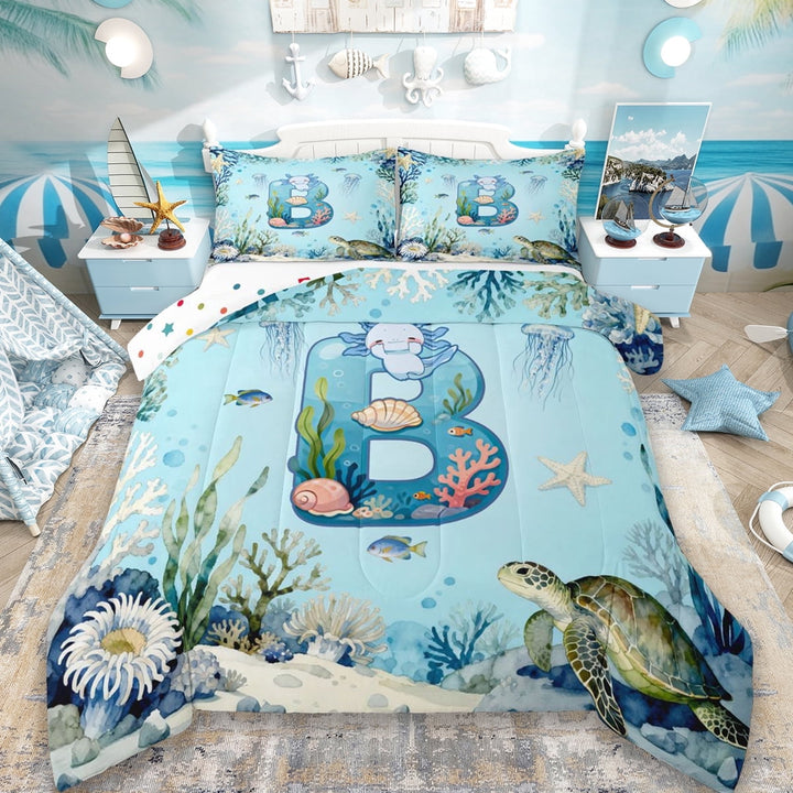 Erosebridal Watercolor Coral Jellyfish Full Size Comforter Sets For Boys,Sea Wildlife Axolotl Ocean Turtle Bedding Sets For Kids,Initial Letter B Theme,Reversible 3pcs