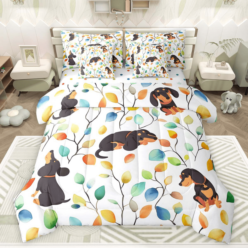Erosebridal Cute Dachshund Bed in a Bag 7 Pieces Hippie Floral Bedding Set, Cartoon Dog Theme Twin Size Comforter Set Watercolor Leaves Bedding Comforter Sets, Chic Flower Bed Set