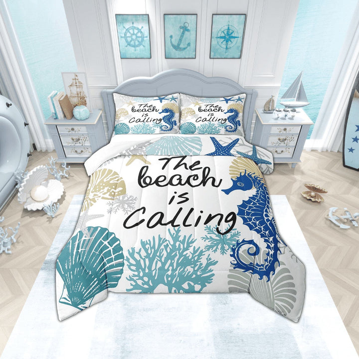 Summer Beach Comforter&amp;nbsp;Set Blue Seahorse Bedding&amp;nbsp;Comforter&amp;nbsp;Sets Full,Nautical Coastal Quilt Seashell Starfish Shell Coral Duvet Insert,Ocean Decor