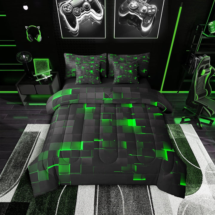 Black Green Comforter Set 7 Piece Twin Geometric Check Grid Bedding Set Teen Men Stereoscopic Abstract Square Bed in a bag Neon Gradient Plaid Bed Set Reversible Black