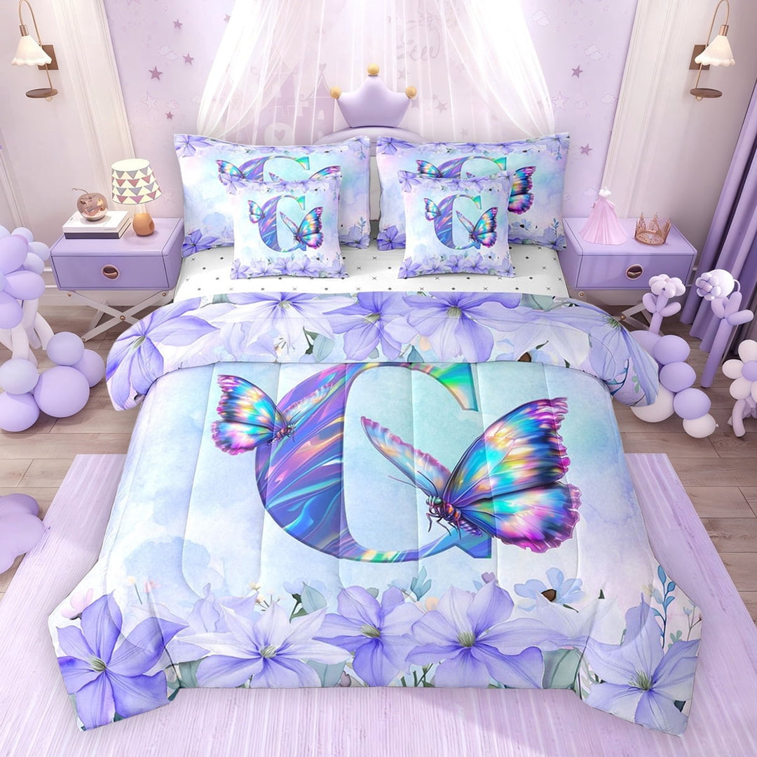 Erosebridal Purple Butterfly Bedding Comforter Set for Girls, Garden Flower Floral Queen Bedding Sets, Letter C, Reversible, 7 Pieces