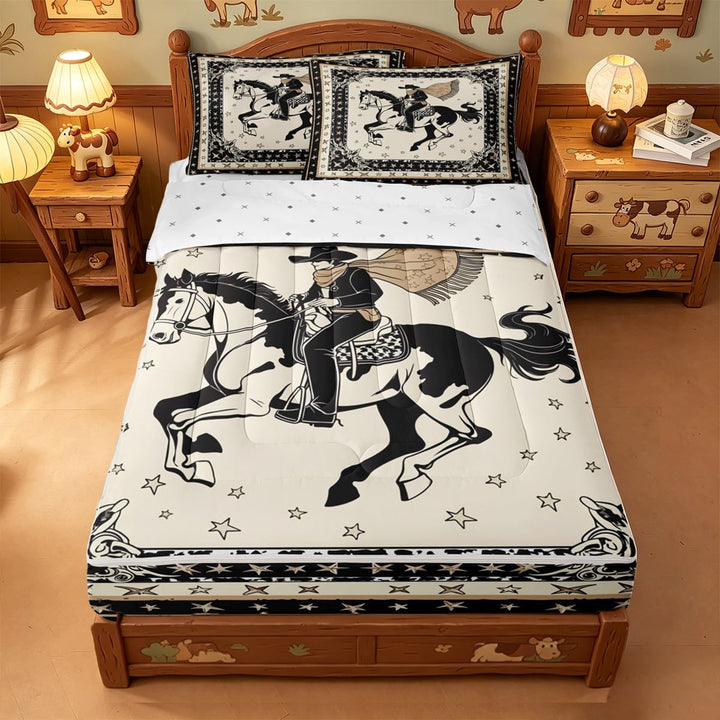 meiyoeat Vintage Cowboy Horse Zipper Full Size Comforter Sets With Fitted Sheet And 2 Pillowcases For Boys,Western Print Zipper Bedding Set,Reversible,4-Piece