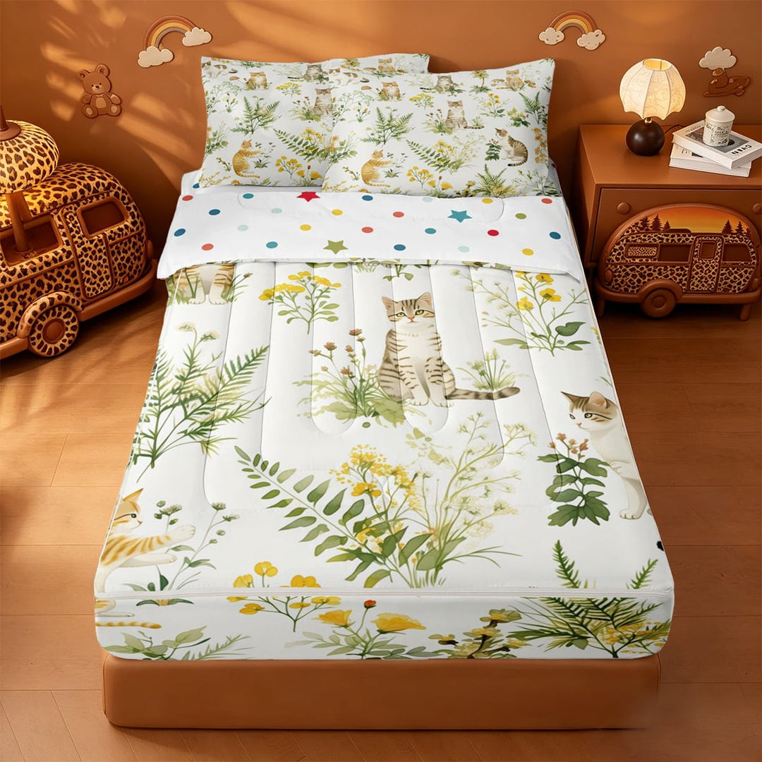 meiyoeat cute Kawaii Zipper Twin Comforter Sets with Fitted Sheet and 2 Pillowcases,Green Rustic Botanical Zipper Bedding Set,Reversible,4 Pieces
