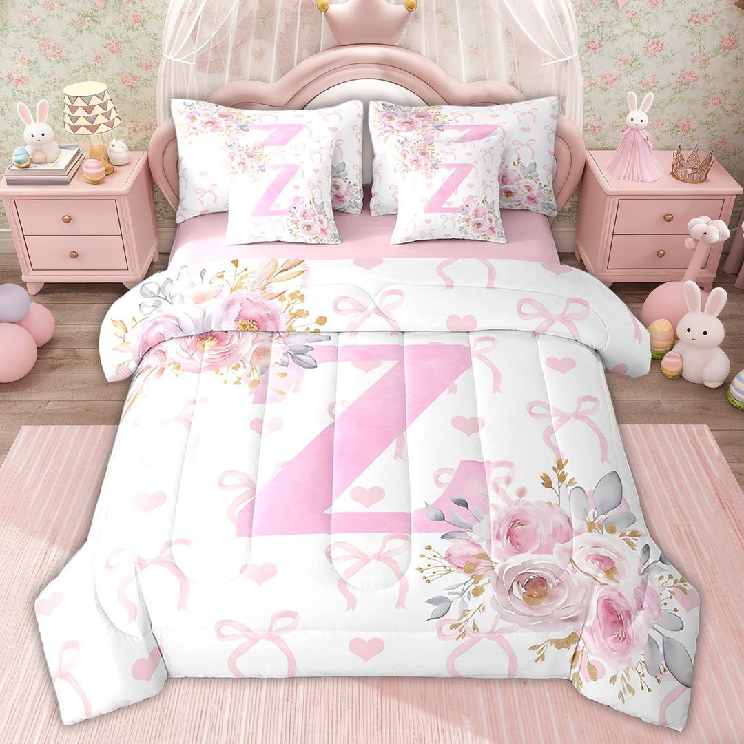 Erosebridal Girl Initial Z Letter Bed in a Bag Twin size, Floral Monogrammed Bed Set, Initial A-Z Decor, Pink Reversible