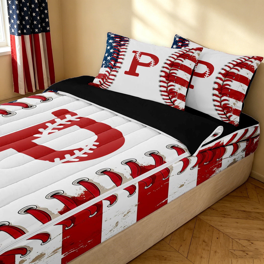 meiyoeat Retro Baseball P Letter Zipper Twin Comforter Sets with Fitted Sheet and 2 Pillowcases for Boys, Blue Red USA Flag Zipper Bedding Set, Black Reversible, 4-Piece