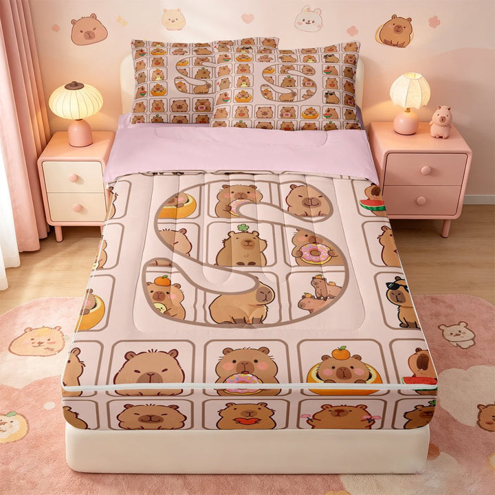 meiyoeat meiyoeat Initial Alphabet S Zipper Full Size Comforter Sets with Fitted Sheet and 2 Pillowcases,Kawaii Animal Capybara Zipper Bedding Set,Pink Reversible,4-Piece
