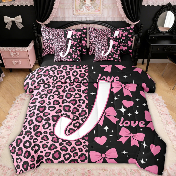 Erosebridal Leopard Print Bow Letter J Twin Bedding Sets for Girls, Pink Initial Ribbon Bedding Comforter Set, Black Reversible, 7pcs