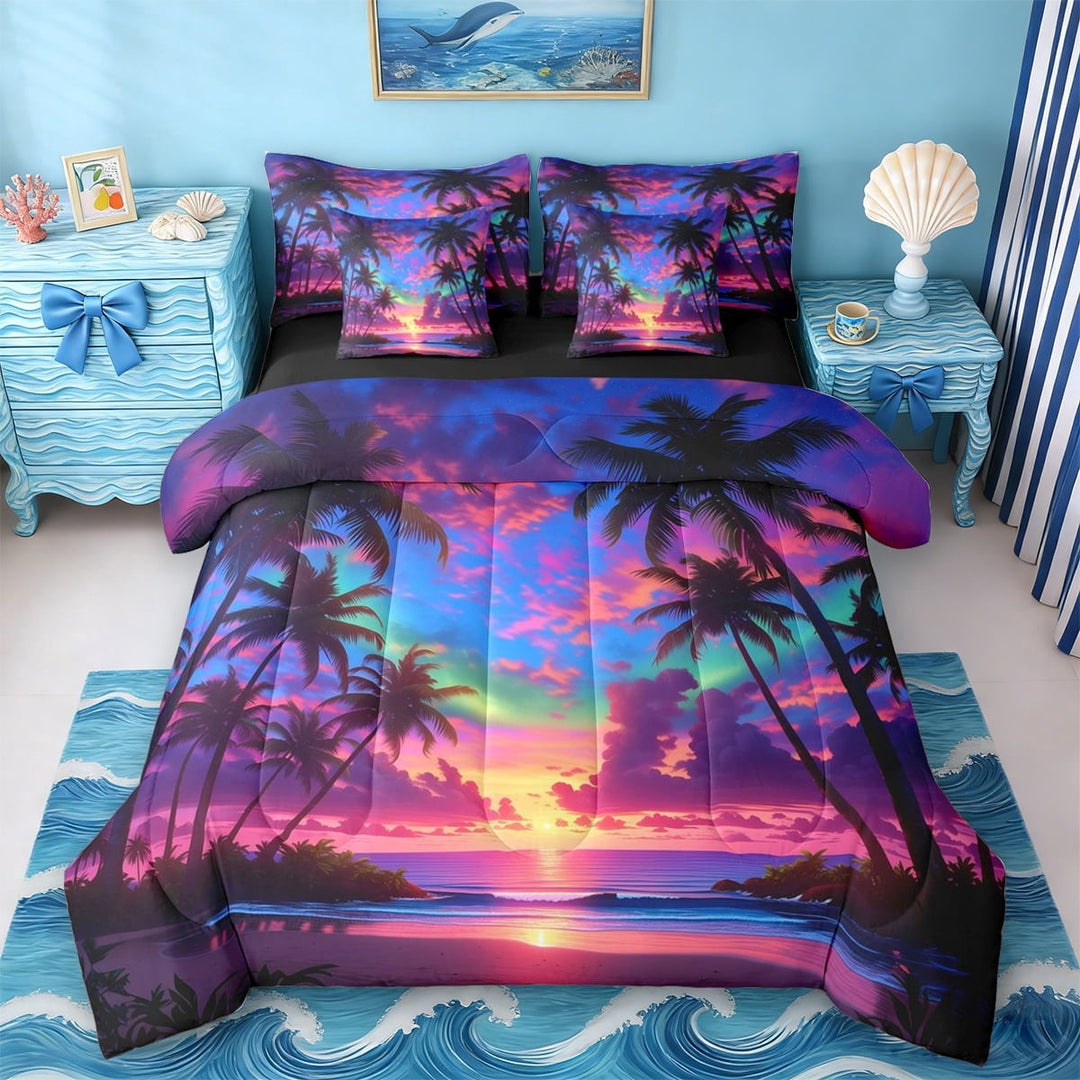 Erosebridal Hawaii Beach 7 Pieces Bedding Comforter Set,Hawaii Holiday Tropical Botanical Coconut Tree Full Bedding Set For Girls,Reversible Black