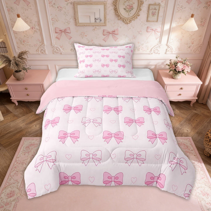 Erosebridal Cartoon Bowknot Twin Comforter Sets for Girls, Pink Love Heart Bedding Set, 2pcs