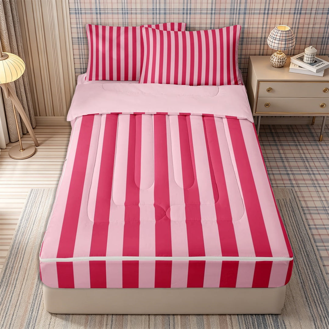 Meiyoeat Bold Vertical Stripe Zipper Queen Comforter Set with Fitted Sheet and 2 Pillowcases for Girls, Contemporary Pinstripe Zipper Bedding Set, Hot Pink,Pink Reversible,4 Pieces
