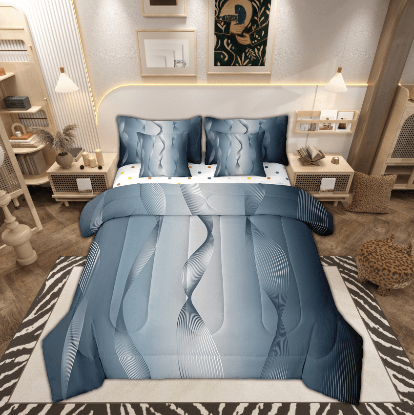 Gradient Navy Blue and Greyish White Bed in a Bag Queen Comforter Set 7 Piece,Silver Foil Print Wave Striped Bedding Sets Abstract Ombre Art Sheet Set with Comforter