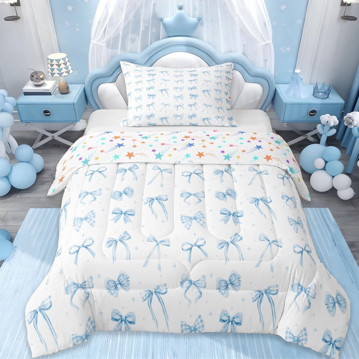 Erosebridal Ribbon Bow Twin Comforter Sets For Girls Teens,Blue Girly Bowknot Bedding Set,Dreamy Princess Style, Reversible 2-Piece