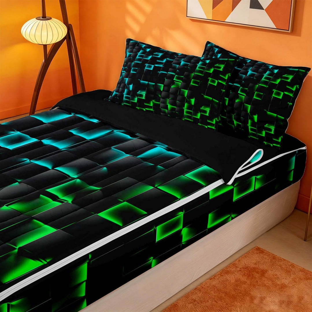 meiyoeat Classic Geometric Checkered Zipper Full Size Comforter Sets with Fitted Sheet and 2 Pillowcases For Kids,Gradient Neon Blue Green Zipper Bedding Set For Boys,Black Reversible,4-Piece