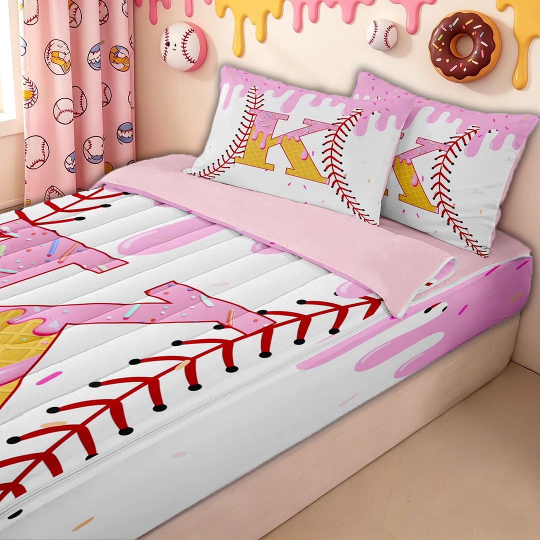 meiyoeat Pink Yellow Baseball Letter K Zipper Twin Comforter Sets with Fitted Sheet and 2 Pillowcases for Kids, Cute Ice Cream Waffle Drip Zipper Bedding Set, Pink Reversible, 4pcs