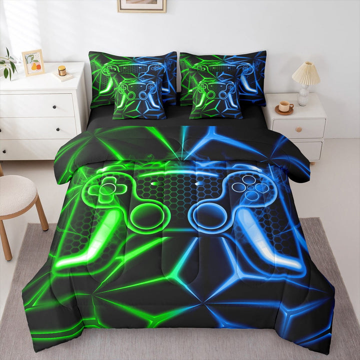 Erosebridal Teens Gamepads Bedding Sets Twin Size,Green Blue Comforter Sets with Sheets,Video Game Bed in a Bag Twin size,Breathable Geometric Room Decor,Reversible,7pcs