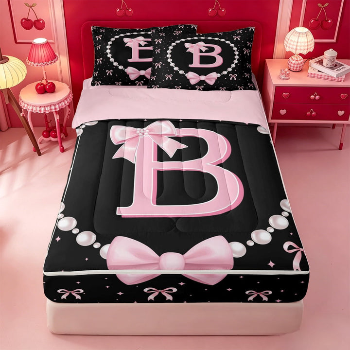 meiyoeat Bowknot Alphabet B Zipper Full Size Comforter Sets with Fitted Sheet and 2 Pillowcases For Girls,Kids Pink Coquette Bow Zipper Bedding Set,Pink Reversible,4 Pieces