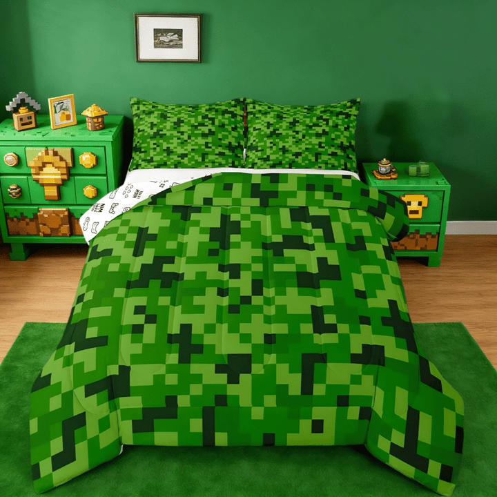 Manfei Green Pixelated Grid Full Size Comforter Sets,Video Games Cartoon Gamepad Bedding Sets For Kids Teens,Modern Geometric Check Reversible 3 Pieces