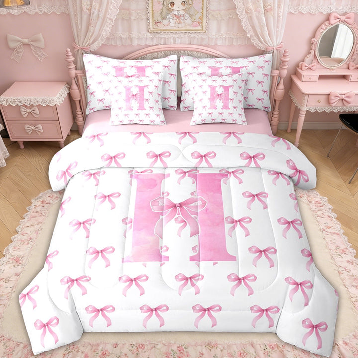 Erosebridal Bow Letter H Twin Bedding Sets for Girls, Pink Watercolor Ribbon Bedding Comforter Set, Pink Reversible, 7pcs