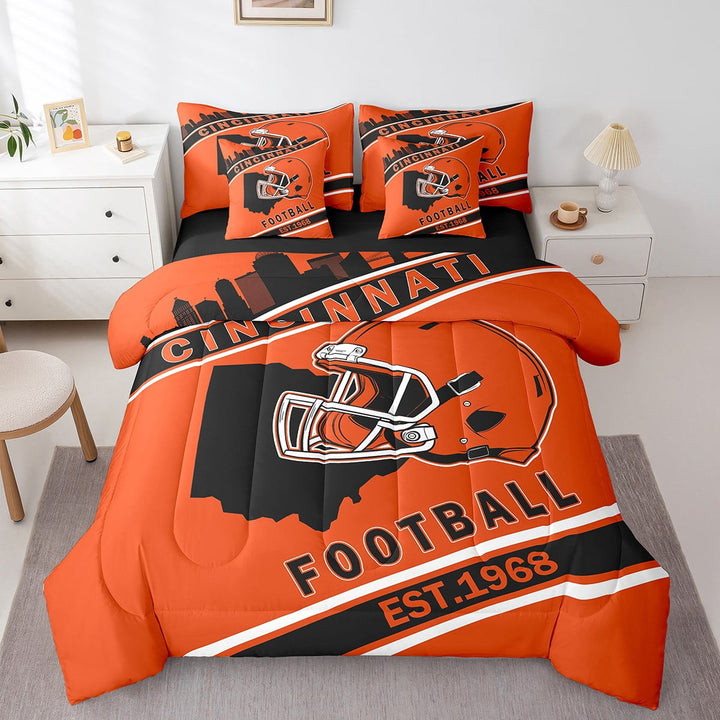 Erosebridal Football Helmet Print Bedding Twin Size, Sports Theme Duvet Set , Cincinnati, Orange Black, Reversible 7-Piece
