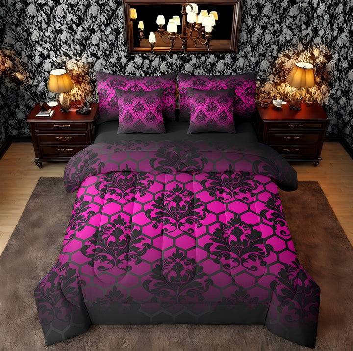 Erosebridal Damask Floral Bedding Sets Twin Size, Bohomian Print Bedding Accessories, Honeycomb Room Decor, Reversible 7pcs