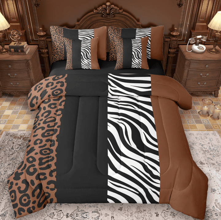 Manfei Cheetah Print 7 Pieces Bedding Comforter Set,Jungle Animal Full Bedding Set,White Black Zebra Pattern Fitted Sheet Flat Sheet For Teens,Super Cozy Room Decor Reversible