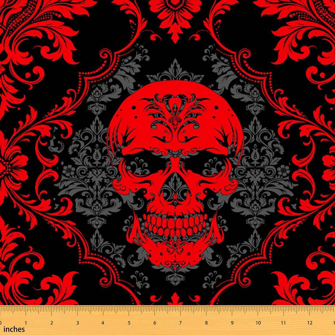 Manfei Gothic Skull Fabric by the Yard 2 Yards, Bohemian Damask Sewing Fabric, Red