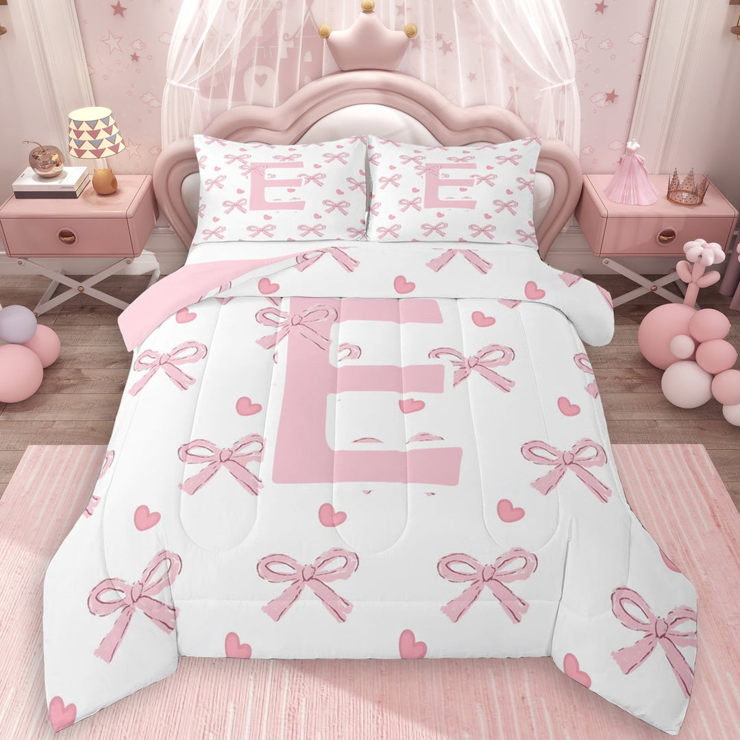 Erosebridal Personalized Initial E Full Size Comforter Sets 3 Pieces For Girls,Pink Ribbon Bow Bedding Sets,Pink Reversible,Lightweight Room Decor