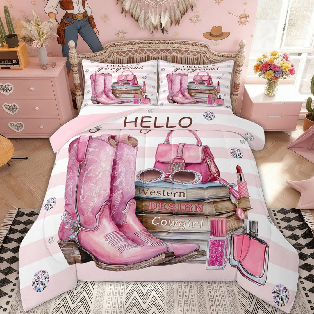 Erosebridal Pink Cowgirl Boot Kids Full Size Comforter Sets, Fashion Princess Bedding Sets, 3pcs