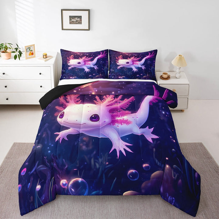Cartoon Axolotl Down Comforter Cute Axolotl Twin Bedding Set,Ocean Coral Reef Salamander Animal Comforter Set Kawaii Salamander Pink Quilt Set