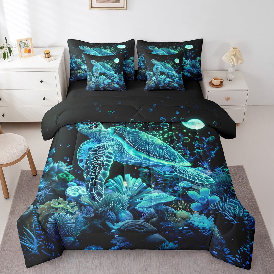 Erosebridal Sea Turtle Bedding Sets King Size,Ocean Animal Bed in a Bag King size,Underwater World Decor,Reversible,Ultra Soft,7 Pieces