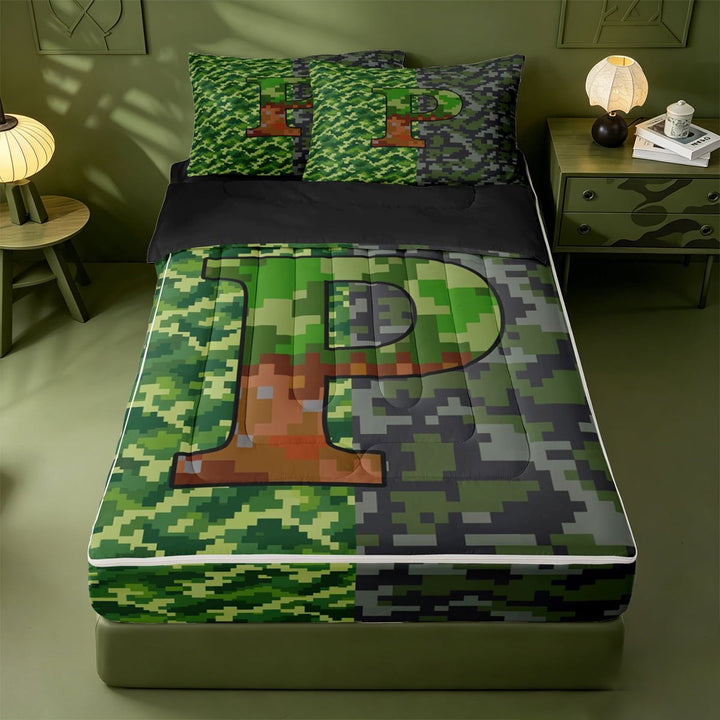 meiyoeat Pixel Video Games Zipper Twin Comforter Sets With Fitted Sheet And 2 Pillowcases For Boys,Grid Initial Letter P Zipper Bedding Set,Black Reversible,4 Pieces