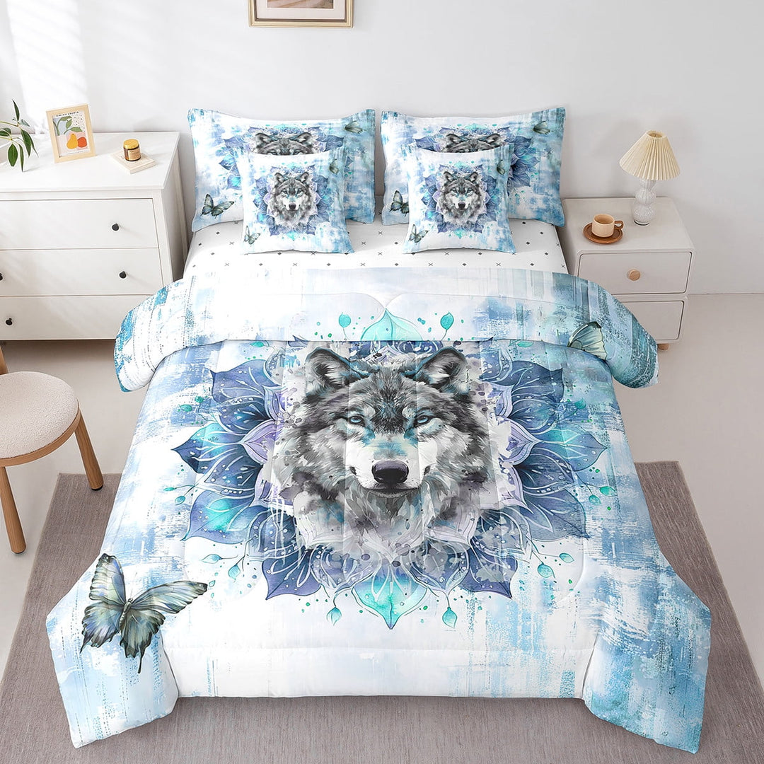 Safari Wolf Twin Comforter Set 7 Pieces Animal Bedding Comforter Sets,Bohemian Mandala Bed in a Bag Blue Ombre Bedding Set,Chic Butterfly Bed Sheets Set
