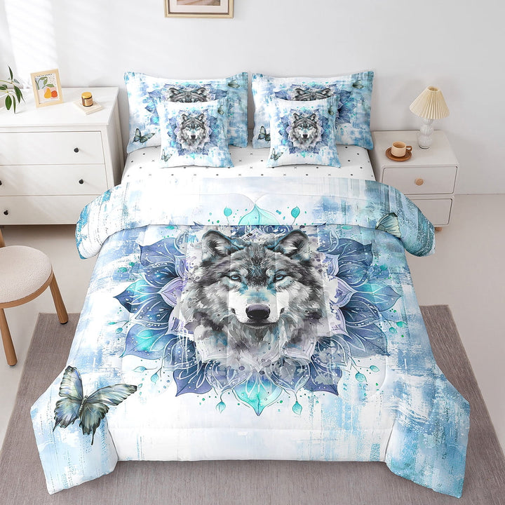 Safari Wolf Twin Comforter Set 7 Pieces Animal Bedding Comforter Sets,Bohemian Mandala Bed in a Bag Blue Ombre Bedding Set,Chic Butterfly Bed Sheets Set