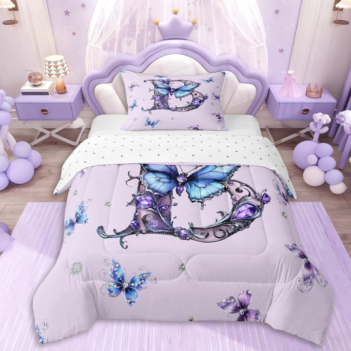 Erosebridal Purple Crystal Letter Monogrammed B Twin Comforter Sets 3-Piece For Teens,Girls Flying Butterflies Bedding Set,Breathable Home Decor