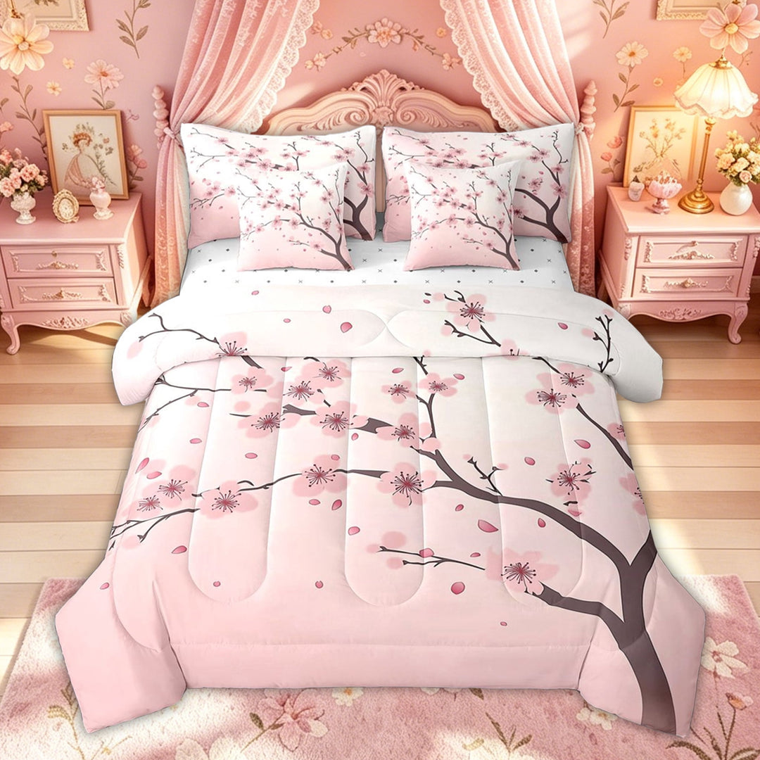 meiyoeat Pink Japanese Cherry Blossom Full Size Bedding Sets for Kids Girls, Watercolor Floral Flower Full Size Bed in a Bag, Reversible, 7 Pieces