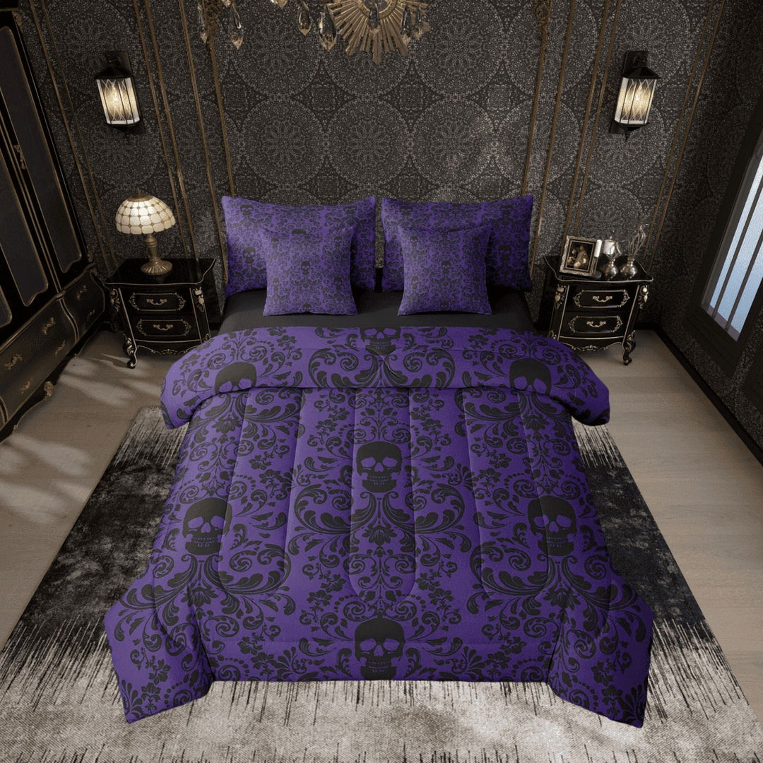Damask Gothic Bedding Set Adults Antique Victorian Comforter Set 7 Piece Bed in a Bag Twin,Purple Black Sugar Skull Sheet Set Vintage Baroque Floral Goth Bed Set,Bone Skeleton Bohemian Decor