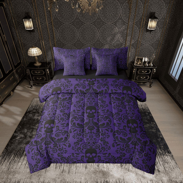 Damask Gothic Bedding Set Adults Antique Victorian Comforter Set 7 Piece Bed in a Bag Twin,Purple Black Sugar Skull Sheet Set Vintage Baroque Floral Goth Bed Set,Bone Skeleton Bohemian Decor