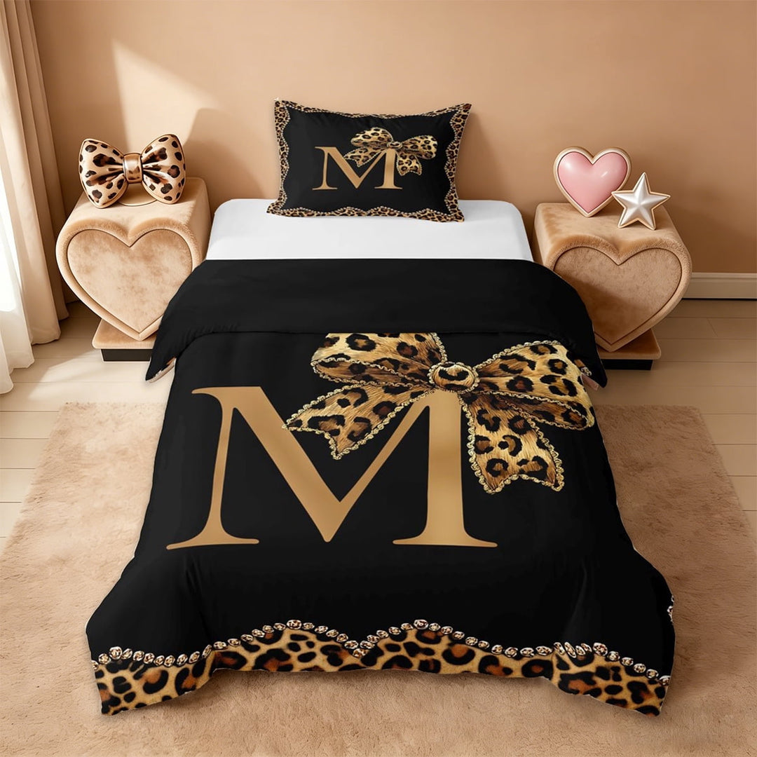 Erosebridal Initial Alphabet M Twin Bedding,Kids Brown Cheetah Pattern Bowtie Duvet Cover Set For Leopard Lovers,Reversible black,2 Pieces(No Comforter)