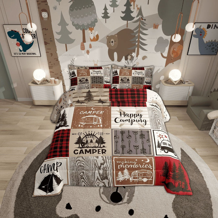 Short Full Comforter For Rv Camper Happy Camping Bunk Comforter Set Rv Camper Accessories Bedding For Travel Trailers, Patchwork Buffalo Plaid Pine Tree Arrow Quilt Set Red Brown