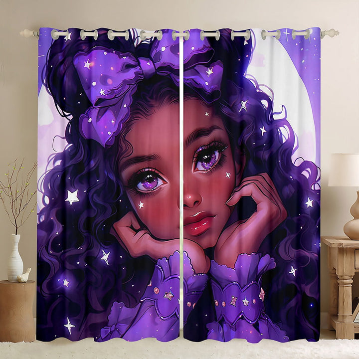 Black Blackout Curtains Afro Curtains for Living Room 2 Panels 42Wx63L,Purple Bow American African Princess Magical Curtains &amp; Drapes,Kawaii Room Decor