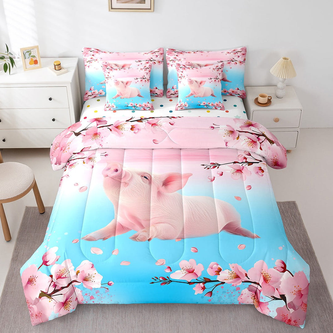 Pig Bed in a Bag Queen Comforter Set 7 Piece,Farm Animals Bedding Sets Gradient Teal Pink Cherry Blossom Flowers Sheet Set with Comforter