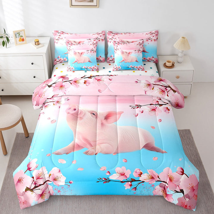 Pig Bed in a Bag Queen Comforter Set 7 Piece,Farm Animals Bedding Sets Gradient Teal Pink Cherry Blossom Flowers Sheet Set with Comforter