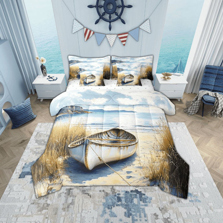 Erosebridal Oil Painting Beach Bedding Twin Size, Vintage Boat Comforter Sets with Sheets, Seaside Lodge Cabin Decor, Reversible 7pcs