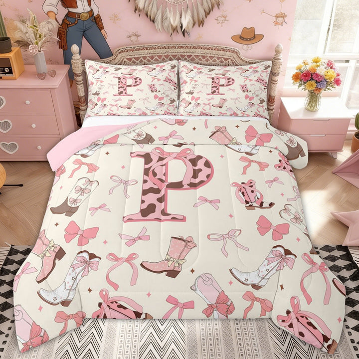Erosebridal Pink Cowboy Boot Bow Letter P Full Size Comforter Sets, Western Cow Print Bedding Sets for Girls Kids, Pink Reversible, 3 Pieces