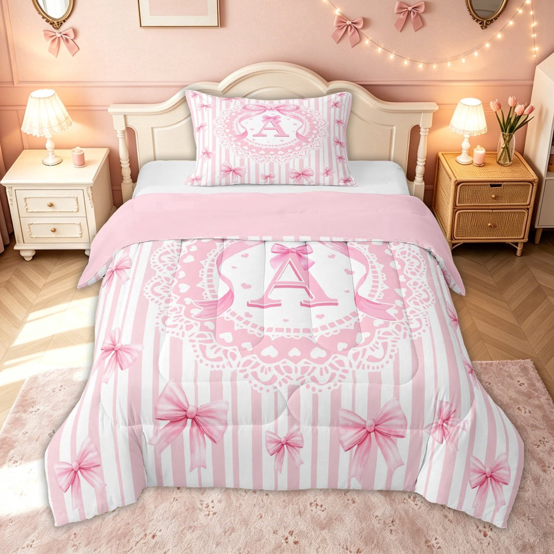 meiyoeat Preppy Letter A Full Size Comforter Sets for Kids Girls, Princess Bow Lace Bedding Comforter Set for Bedroom, Pink White, Pink Reversible, 3-Piece